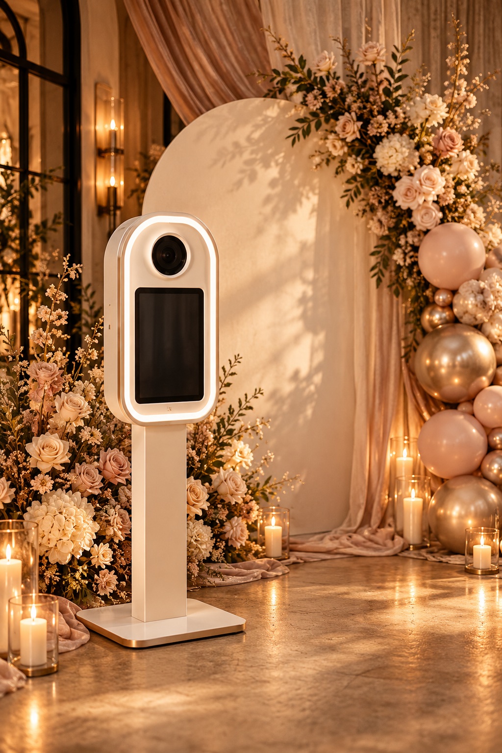 Concept illustration of an ivory photo booth in a romantic blush and champagne event setting
