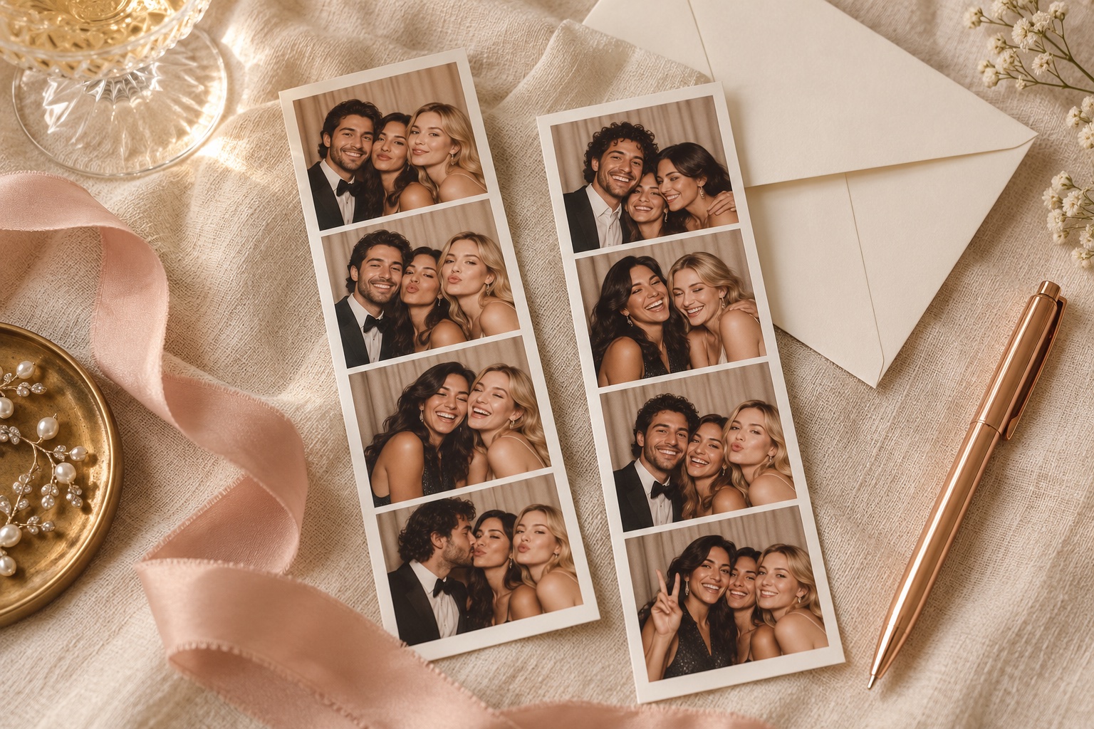 Concept illustration of photo strips on ivory linen with blush ribbon